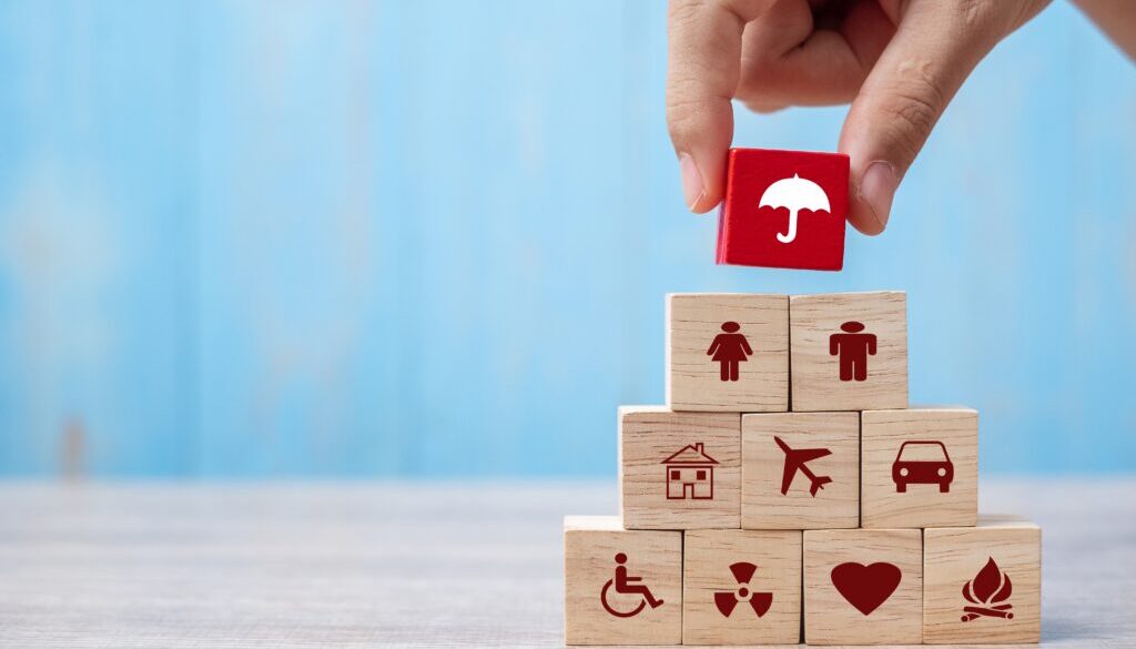 Hand holding umbrella wood block cover Insurance icon. healthcar